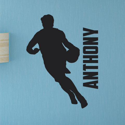 Left Handed Basketball Player Custom Name Wall Decal, 0266, Lefty, Dribbling, Wall Sticker
