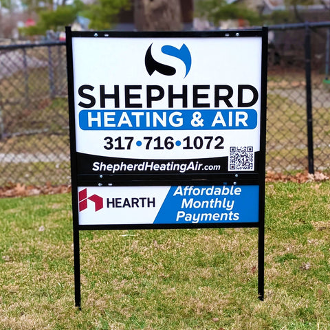 Custom .040 aluminum yard sign inside real estate sign frame for Indianapolis Shepherd Heating and Air HVAC company located in Indianapolis, Indiana