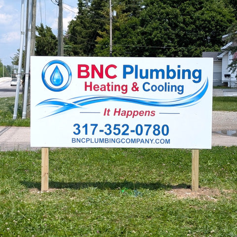 Outdoor large storefront sign made of max metal aluminum. Located in Indianapolis Indiana. This is a double sided 2 post sign made for BnC Plumbing.