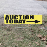 Yard sign rider installed with H-stake for auction and estate sale directional signage
