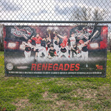See Through Mesh Baseball team banner with players and 'Renegades' text on a chain-link fence.