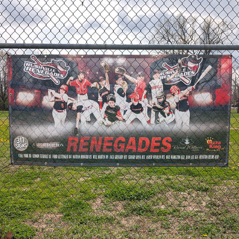 See Through Mesh Baseball team banner with players and 'Renegades' text on a chain-link fence.