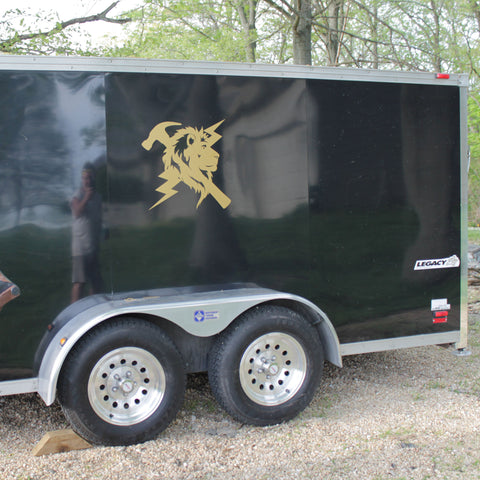 Custom trailer graphics for construction company in Indianapolis with company branding and phone number on utility trailer
