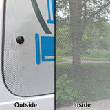 See Through Window Graphics, Window Perf for work vans. Outside blocks people from seeing in and from the inside you can see outside.