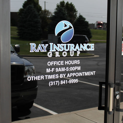 Vinyl window lettering showing business hours in Indianapolis, Indiana